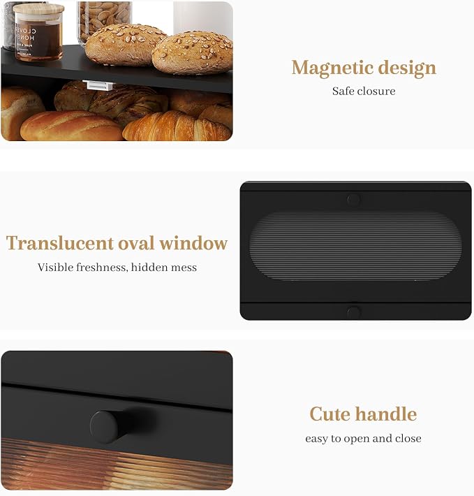 Corner Bread Box for Kitchen Countertop, 2026 New Double Layer Bamboo Bread Storage Bin, Large Bread Container for homemade bread (Black)