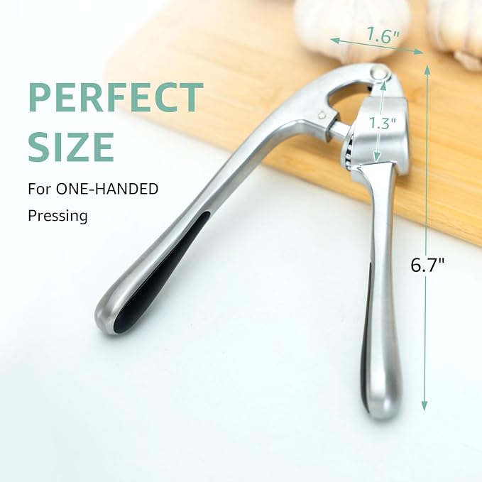 Garlic Press Crusher & Mincer – Easy Squeeze Ergonomic Handle, Heavy Duty Zinc Alloy, Dishwasher Safe, Includes Peeler & Cleaning Brush – Garlic Ginger Crusher Tool (Silver)