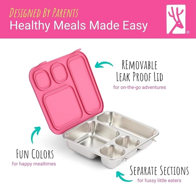 Elk and Friends Kids Stainless Steel Bento Box with Silicone Lid | Leak-proof | Toddler Lunch Container | 4 Compartments | Dishwasher Safe