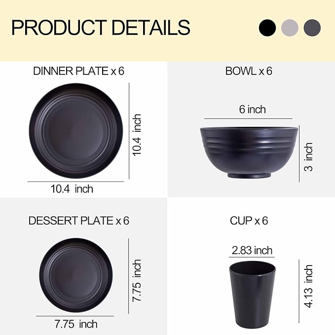 Rubtlamp 24Pcs Kitchen Plastic Wheat Straw Dinnerware Set,Dinnerware Sets for 6,Microwave Dishwasher Safe Plates, Unbreakable Reusable Plastic Wheat Straw Bowls & Plate for Camping