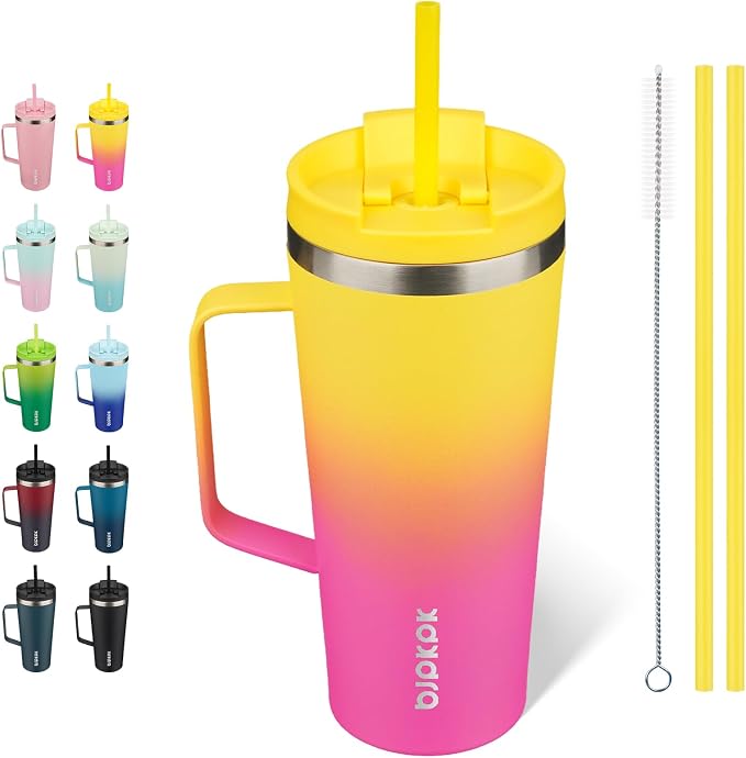 BJPKPK 22oz Insulated Tumbler with Handle, Lid & Straw, Stainless Steel | Double Wall Vacuum Insulated Coffee Travel Mug - Keeps Cold & Hot, BPA Free, Cupholder Fit for Office, Gym & Travel