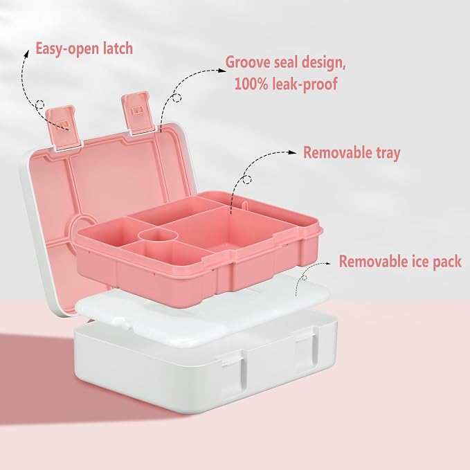 JOOPETALK Chill Bento Lunch Box for Kids Adult with Ice Pack,6-Compartment Reusable Leak-proof Lunch Container for Girls Boys to School,Keep Food Cold&Fresh,Dishwasher & Freezer Safe