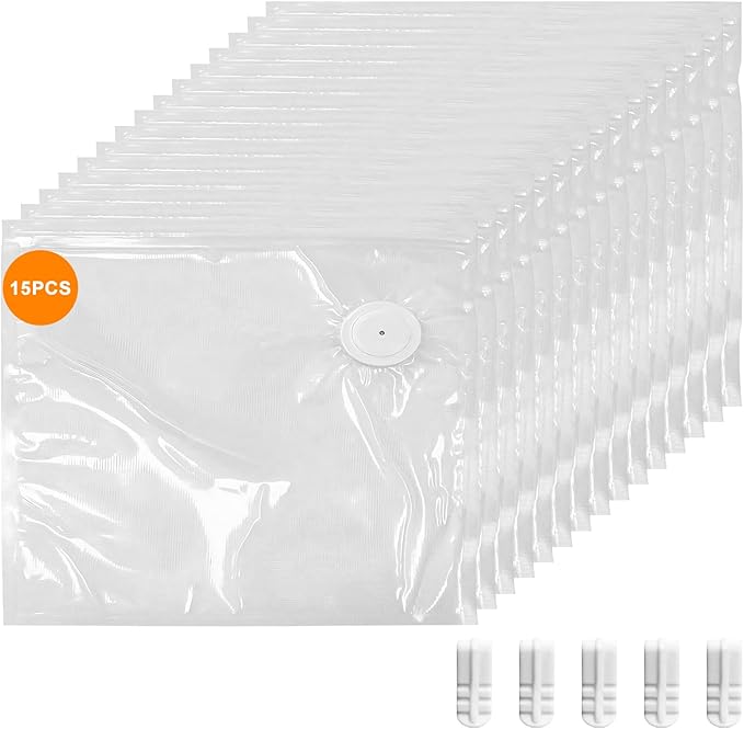 MEGAWISE Reusable Vacuum Zipper Bags 15Pcs 10×11in, BPA‑Free Food Storage Bags with Air Valve & 5 Seal Clips for Sous Vide Cooking, Freezer & Microwave Heating