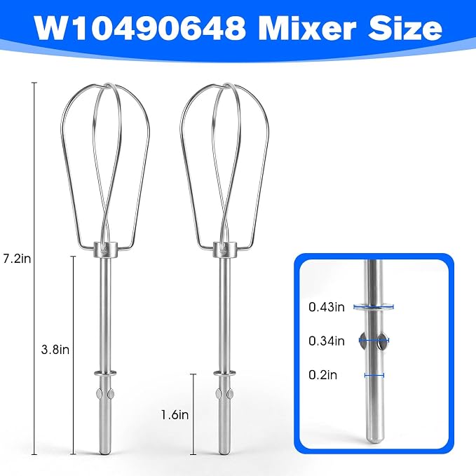 W10490648 Hand Mixer Beaters for KitchenAid, Stainless Steel Turbo Beaters, 2 Pack | Compatible with KitchenAid Mixer Replacement KHM2B AP5644233 PS4082859 Parts