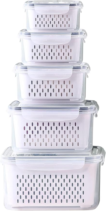 Large Fridge Food Storage Container Set with Lids with Strainer, Fruit Vegetable Storage Containers Keep Fruits, Vegetables, Berry, Meat Fresh longer, BPA-Free Plastic Produce Keepers