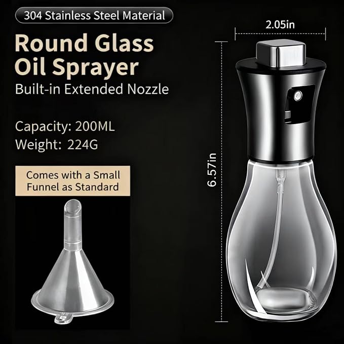 Oil Sprayer for Cooking - Olive & Avocado Oil Spray Bottle, Food Grade Glass Mister with Adjustable Nozzle, 2-in-1 Dispenser for Kitchen, BBQ, Baking