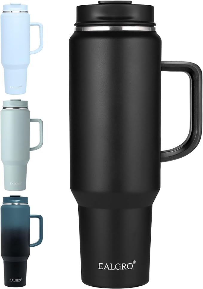EALGRO 50 oz Tumbler with Handle, Insulated Tumblers with Lid and Straw | Leakproof Large Metal Sports Water Bottle Jug, Stainless Steel Travel Coffee Mug, Double Wall Vacuum Thermal Cup, Black