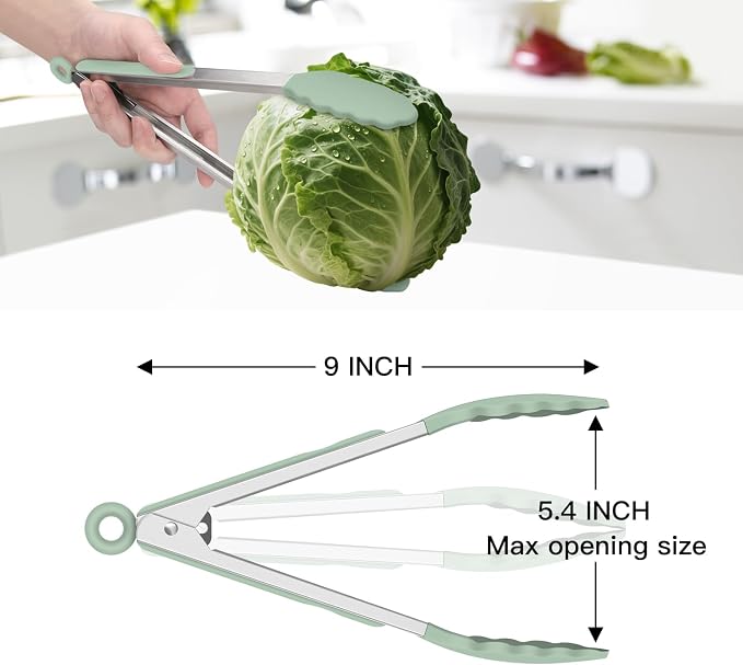 Hotec Silicone Serving Tongs for Cooking 9-Inch Kitchen Tongs with Silicone Tips, Set of 3 (Light Green)
