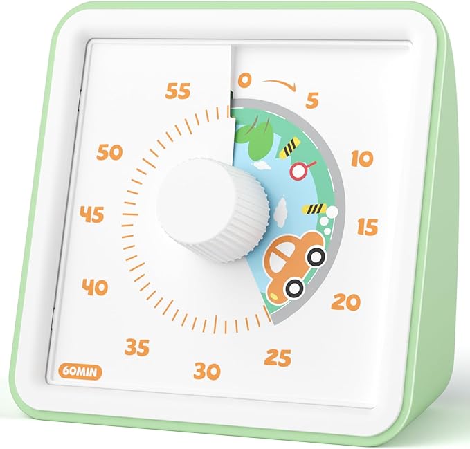 LIORQUE Visual Timer for Kids, 60 Minute Countdown Timer, Light Green | Non-Ticking, 3 Volume Levels with Mute Function, Timer for Kitchen Cooking Classroom ADHD, 2 AAA Batteries Included