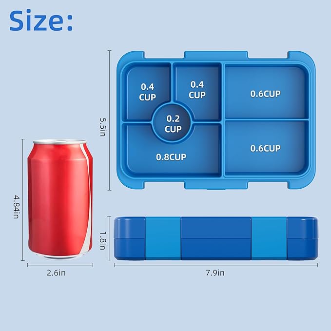 Bento Lunch Box for Kids, 5/6 Compartments, Blue | Dishwasher Safe Back to School Snack Bento Lunch Containers Boxes, Ideal Portion Sizes for On-the-Go Meal, Ages 3+, School