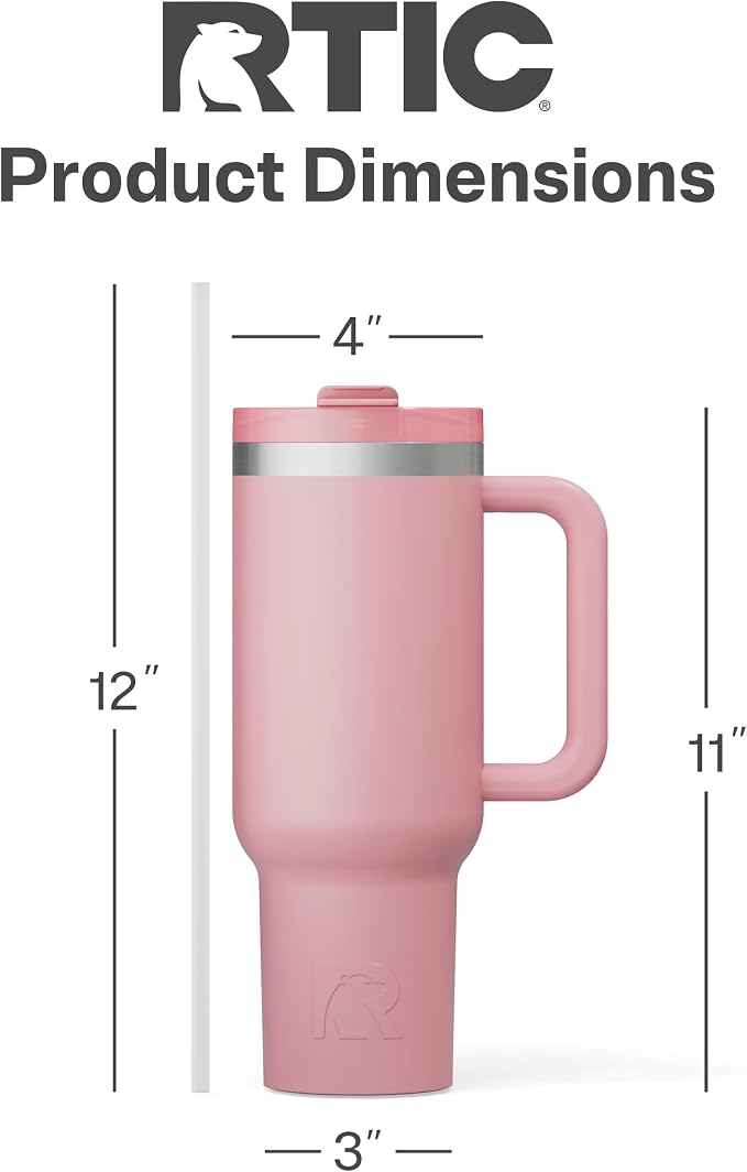 RTIC 40oz Road Trip Tumbler, Insulated, Ceramic Lined, Dusty Rose | with Lid, Handle and Straw, Stainless Steel Metal Cup, Portable for Hot and Cold Drinks, Coffee, Car, Camping, Travel