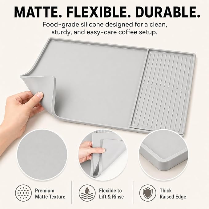 Silicone Coffee Mat 24 x 16 in with Tray, Minimal Light Gray | Coffee bar mat for countertop use, coffee station mat or coffee machine mat with removable tray and 0.47 in raised rim.