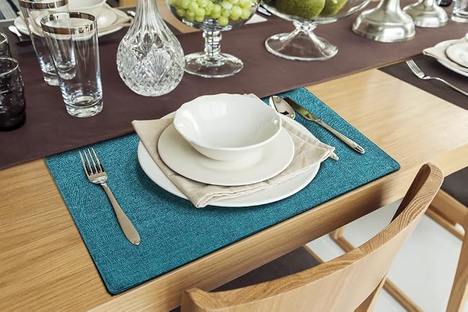 Faux Cotton Linen Placemats Set of 8, Cloth Washable Farmhouse Dining Table Mats for Indoors & Outdoors, Easy to Clean, Teal, 13 x 19 Inch