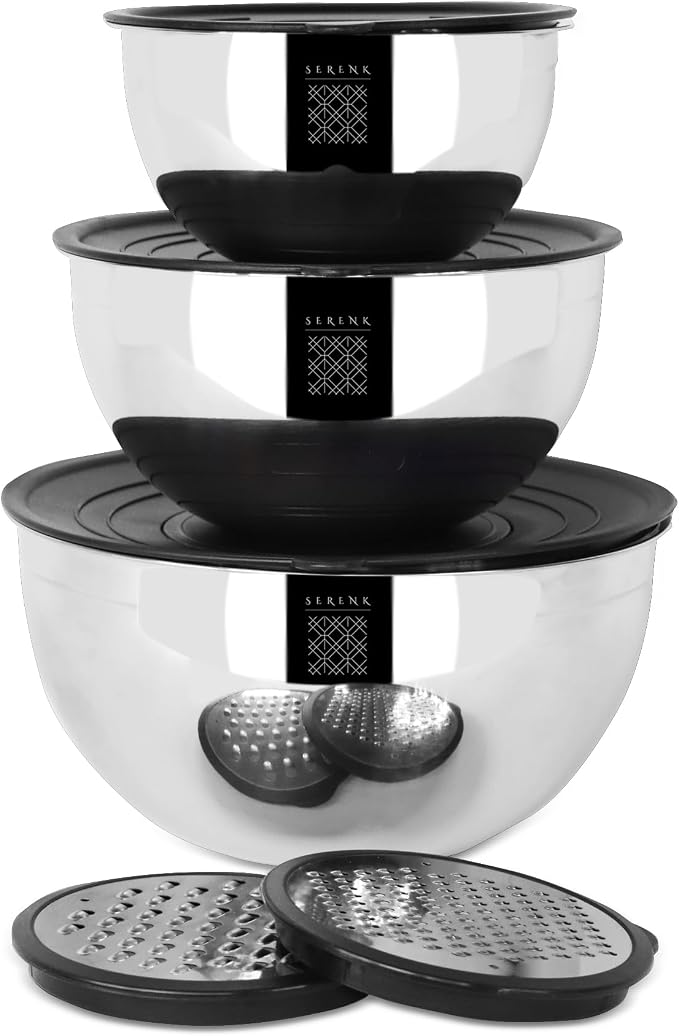 serenk Stainless Steel 9-piece Mixing Bowl Set with Airtight Lids, Nesting Bowls with 2 Graters, Non-slip Silicone Base, Dishwasher Safe, Size 1.42, 2.85, 4.86 QT for Food Storage, Black