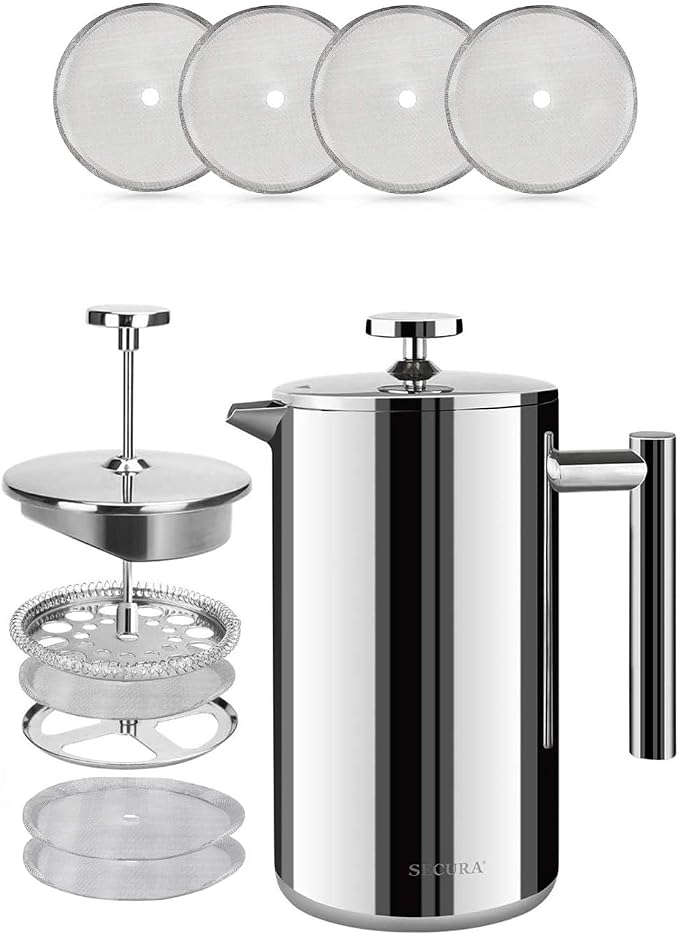 Secura Bundle Stainless Steel French Press Coffee Maker with 6 Replacement Screens, 34 Ounces, Silver