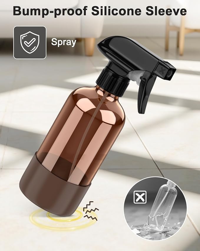 Bontip Amber Glass Spray Bottle, 8 oz with Brown Silicone Sleeve, 1 Pack | Refillable amber glass bottle, With protective silicone sleeve, BPA-free, UV shielding, Great for cleaning solutions,plants
