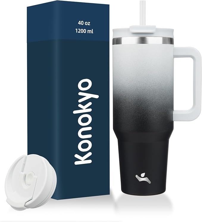 Konokyo 40 oz Insulated Tumbler Water Bottle with Handle, Straw Lid | BPA-free and dishwasher safe; made for gym, travel, coffee and gifting, 2 straws, cup holder friendly,Day Night
