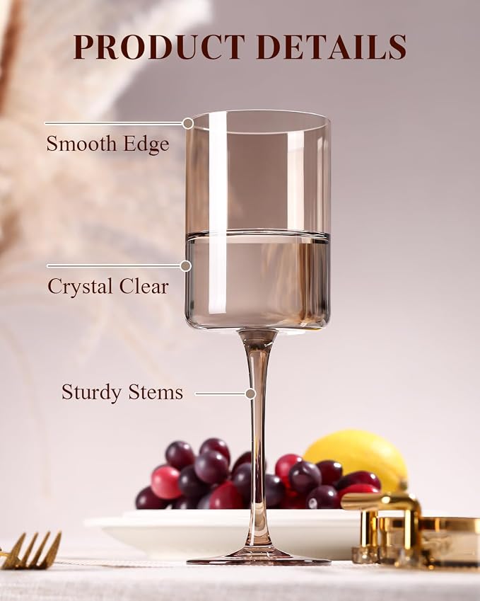 Smokey Gray Wine Glasses Set of 6-14oz【 Hand Blown 】 Square Colored Wine Glasses,Colorful Glasses with Tall Long Stems, Modern Glasses Set of 6 For All Occasions