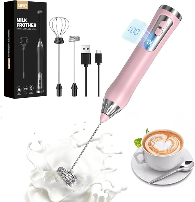 Rechargeable Milk Frother Handheld, IP67 Waterproof Coffee Frother with Digital Battery Display, 3-Speed Electric Milk Frother for Coffee, Latte, Cappuccino, Matcha, Protein Shakes & Eggs (Pink)