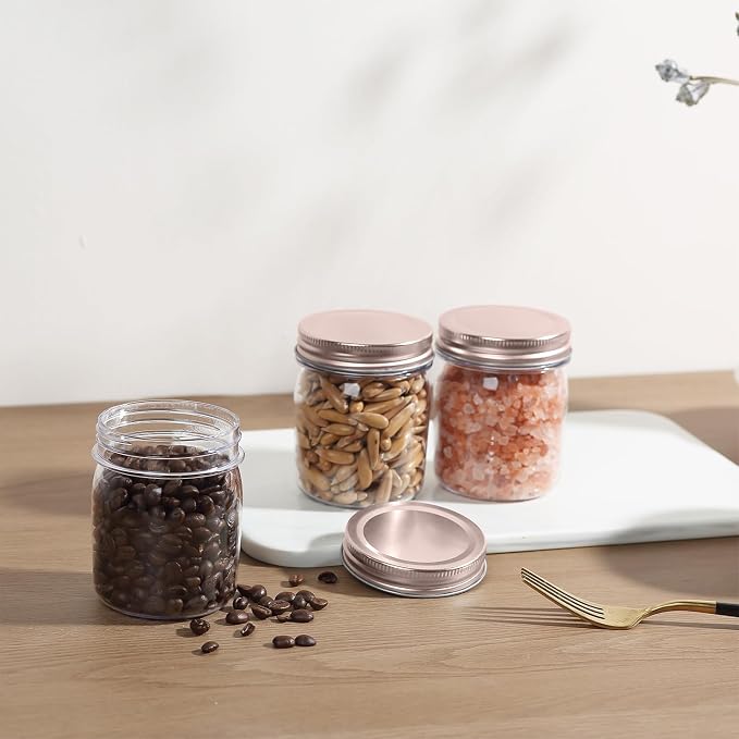 novelinks 8 oz Plastic Mason Jars and Clear Plastic Jars with Lids 8 oz | 24 Pack, Rose Gold, Plastic Containers with Lids, Small Mason Jars, Clear Jars Bulk, Spice Jars, Slime Jars, Mini Jars
