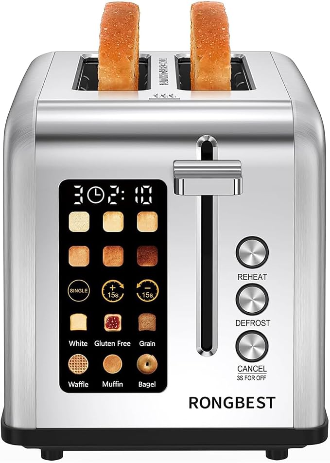 2 Slice Touch Screen Toaster with Wide Slots, Single Slice Mode, Silver | Stainless Steel, Toast Bagel & Bread for Family Breakfast, Digital Touchscreen, ±15s, Reheat & Defrost, Removable Crumb Tray