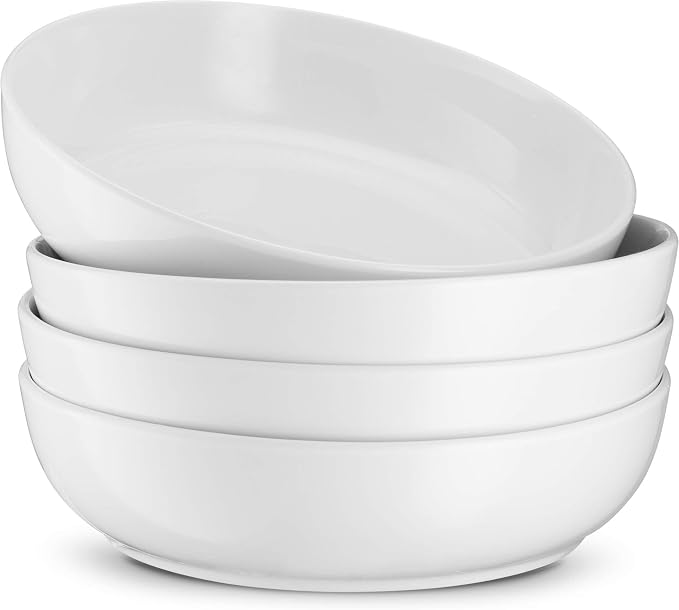 KooK Pasta Bowl, Salad Bowls, Bowls, Serving Bowls, Soup, Ceramic, Large Capacity, Microwave & Dishwasher Safe, Set of 4, 40 Oz, (White)
