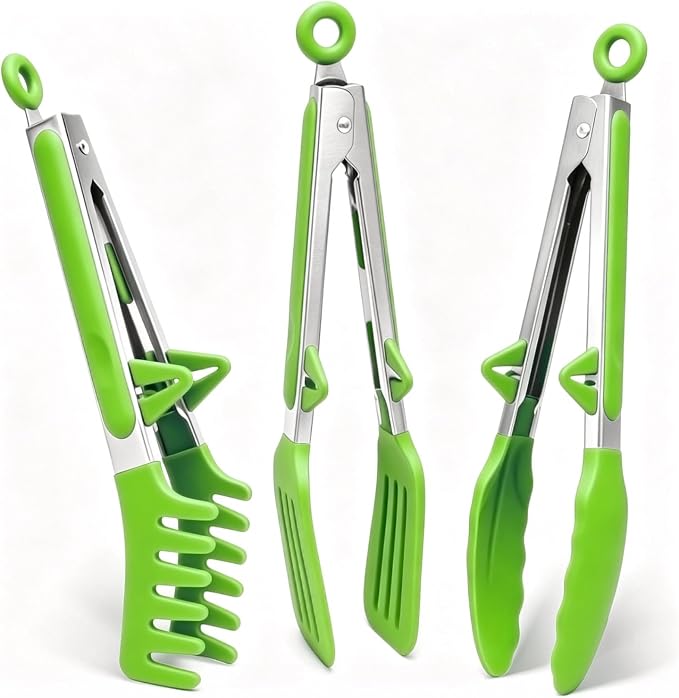 9" Kitchen Tongs for cooking with Silicone Tips, Salad Tongs, Light Green | 3 Pcs Small Silicone Tongs mit Kickstand, Food Grade, 3 different type of tongs, Stainless Steel
