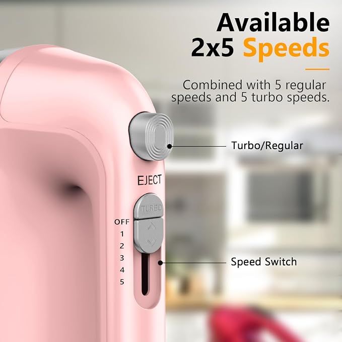 Hand Mixer Electric, 450W Kitchen Mixers with Scale Cup Storage Case, Turbo Boost/Self-Control Speed + 5 Speed + Eject Button + 5 Stainless Steel Accessories, For Easy Whipping Dough, Cream, Pink