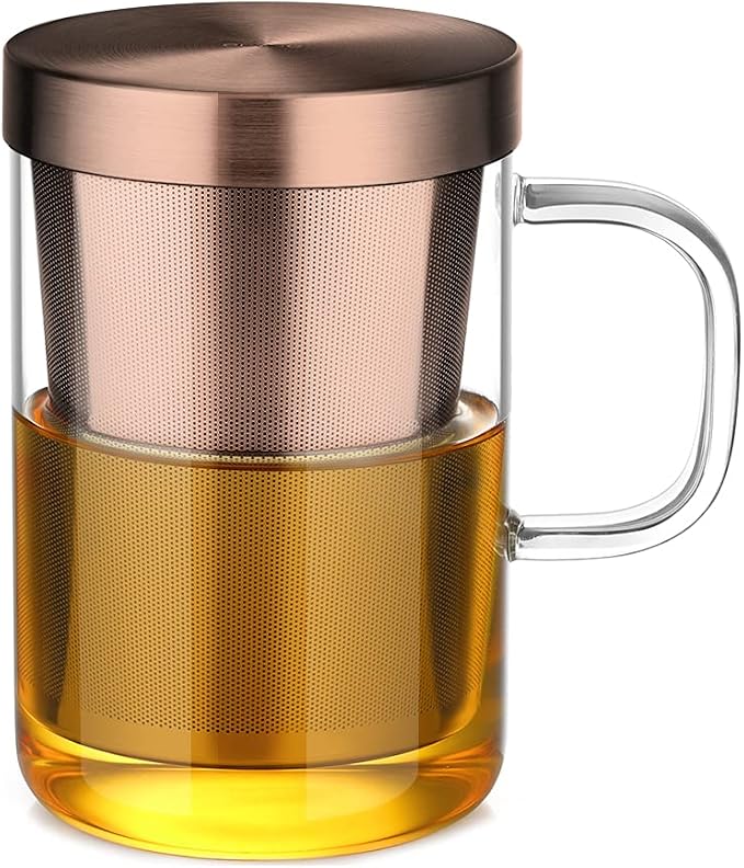 ecooe Tea Infuser Mug 16.9oz Glass Tea Cup with Removable Stainless Steel Infuser and Lid, Clear Glass Tea Cup 500ml Teacup for Loose Leaf Tea, Birthday for Parents Dad Mum Friends (Bronze) | 500ml, Clear Glass Tea Cup, with Stainless Steel Infuser/Lid...