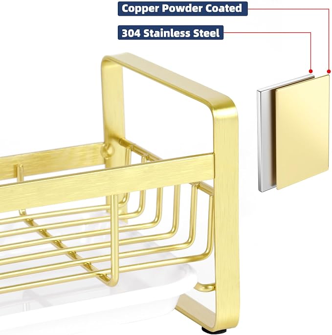HULISEN Kitchen Sink Sponge Holder, 304 Stainless Steel Kitchen Soap Dispenser Organizer, Countertop Drainer with Removable Tray, not Including Dispenser and Brush, Gold | Removable Drain Tray, Holds Sponges Soap Bottles Brushes, Countertop Storage, No...
