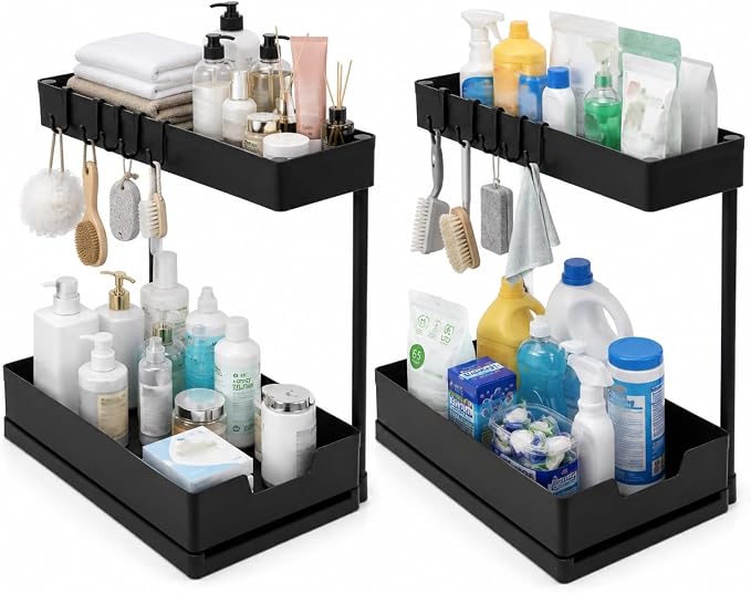 2 Pack Under Sink Organizer L-Shaped, Pull Out Large Capacity Storage | Durable PP Rack with Five Hangers for Kitchen, Bath & Pantry