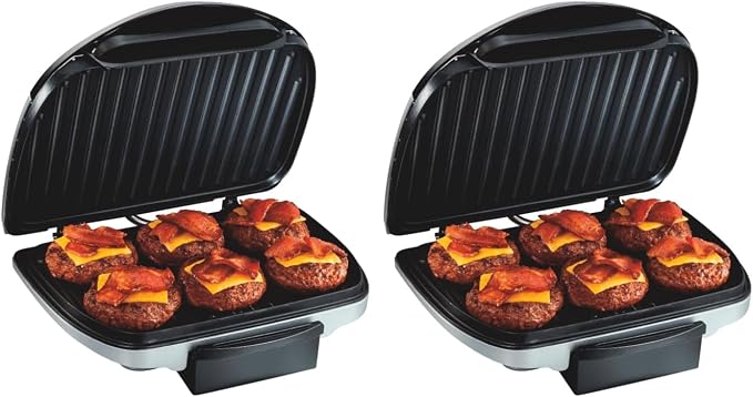 Hamilton Beach Electric Indoor Grill, 6-Serving, Large 90 sq. in. Nonstick Easy Clean Plates, Floating Hinge for Thicker Foods, 1200 Watts, 6.38"D x 12.68"W x 13.78"H, Silver (25371), (Pack of 2)