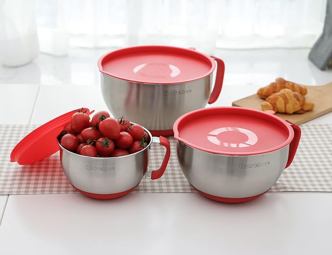Stainless Steel Mixing Bowls Set with Lids,1.5,3 & 5 Qt,Red | Non-Slip Silicone Base,Precision Pour Spout,Ergonomic Easy-Grip Handle,Measurement Marks,Airtight Lids,Cooking & Meal Prep