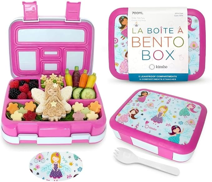 kinsho Bento Lunch Box Container for Small Kids Girls, Pink Fairy Princess | 5 Portion Sections, BPA-Free Spill-Proof Leakproof Removable Plastic Tray, Snacks and Lunches for Toddlers Pre-School Daycare