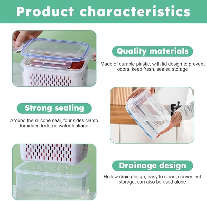 2pcs Fruit Storage Containers for Fridge, Leakproof Food Storage Containers with Removable Colander Airtight Food Storag-e Container Keep Produce Vegetables Berr-y Fresh Longer(COLOR:Clear White)