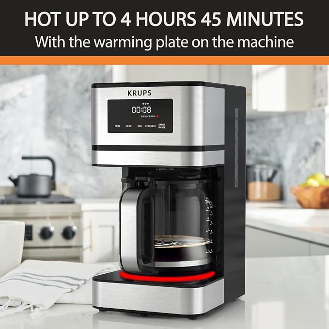 KRUPS Programmable 12-Cup Drip Coffee Maker Machine with 3 Brew Strengths | 24-hour programmable brewing, 3 brew strengths (mild, medium, bold), Flavor-Max technology, 4-hour keep warm