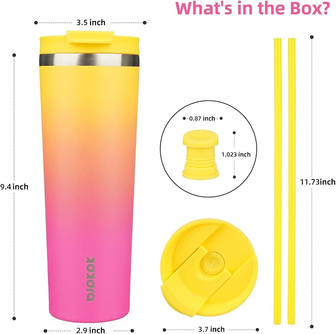 BJPKPK 30 oz Coffee Tumbler with Straw, Insulated Stainless Steel Cup | Double Wall Vacuum, Leak Proof Lid, Keeps Hot/Cold/Iced, BPA Free, Dishwasher Safe, Travel & Outdoor, Pink Yellow Rose