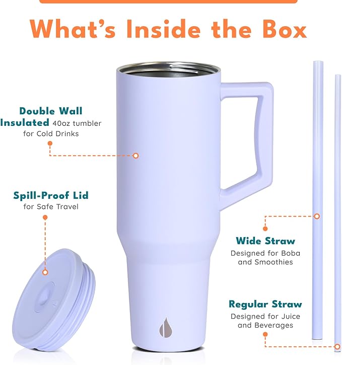 Elemental Spill Proof 40oz Insulated Tumbler with Handle & Straw Travel Mug | Stainless Steel Commuter Travel Coffee Mug for Cold Beverages, Includes 2 Straws & a Spill Proof Lid for Everyday Use