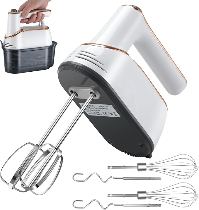 Hand Mixer, 5-Speed Electric with Turbo Boost, White, Copper Motor, 400W, Dishwasher-Safe Attachments for Baking, Whipping, Dough