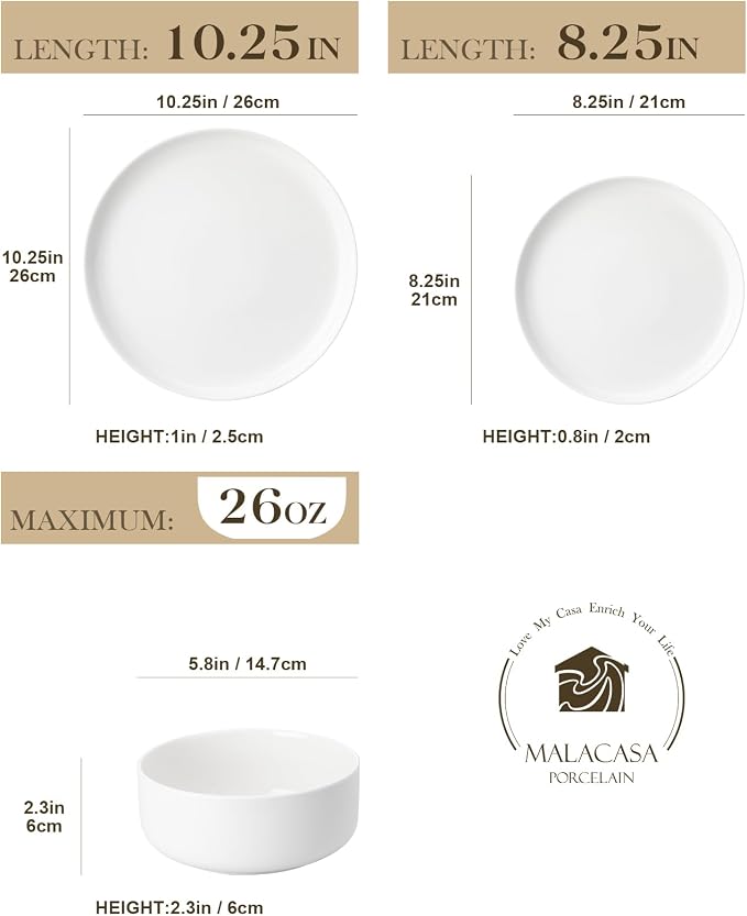 MALACASA Plates and Bowls Sets, 24 Pieces Modern Porcelain Dinnerware Set for 8, Ceramic Dishware Dishes White Kitchen Dinner Dining Ware Set, Microwave and Dishwasher Safe, Series LUNA | Modern Ceramic Dishware,Kitchen Dining Ware,Microwave and Dishwa...