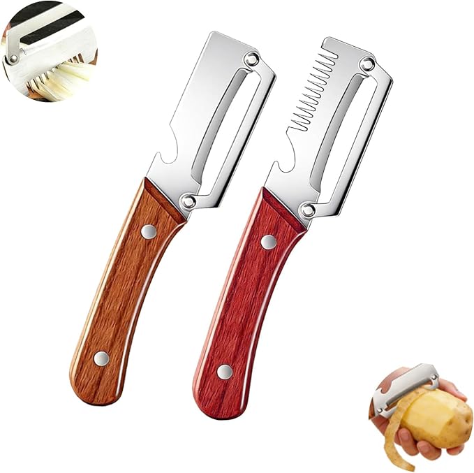 2PCS Multi-Functional Vegetable Peeler for Kitchen, 3 in 1 Stainless Steel Blade with Wooden Handle and Bottle Opener, Kitchen Gadgets Tool for Fruit Peeling Potato Carrot Veggie Peeler (A)