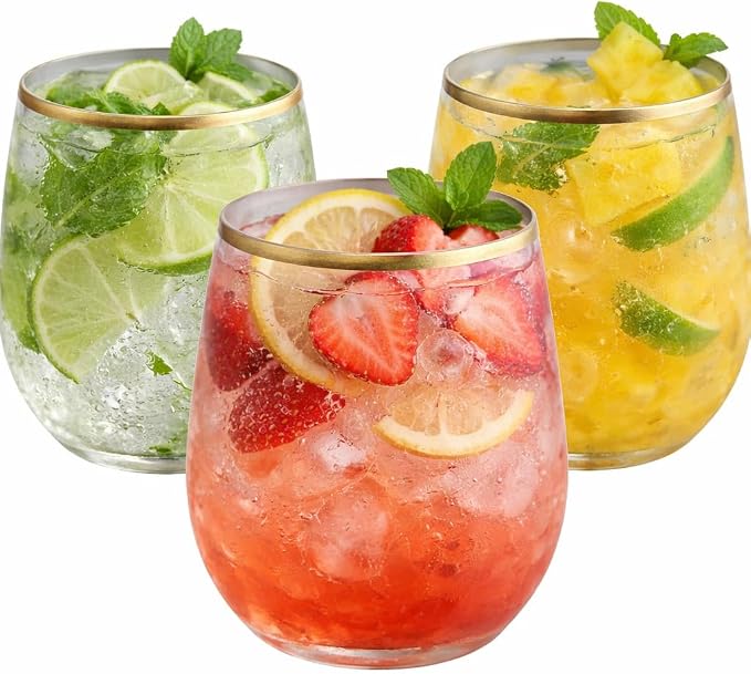 Oojami 48 Pack Disposable Plastic Wine Glasses Stemless 10 oz Gold Rim | Shatterproof BPA-Free Reusable Cocktail Cups, Recyclable Unbreakable Wine Cups for Wedding Party Birthday, Clear