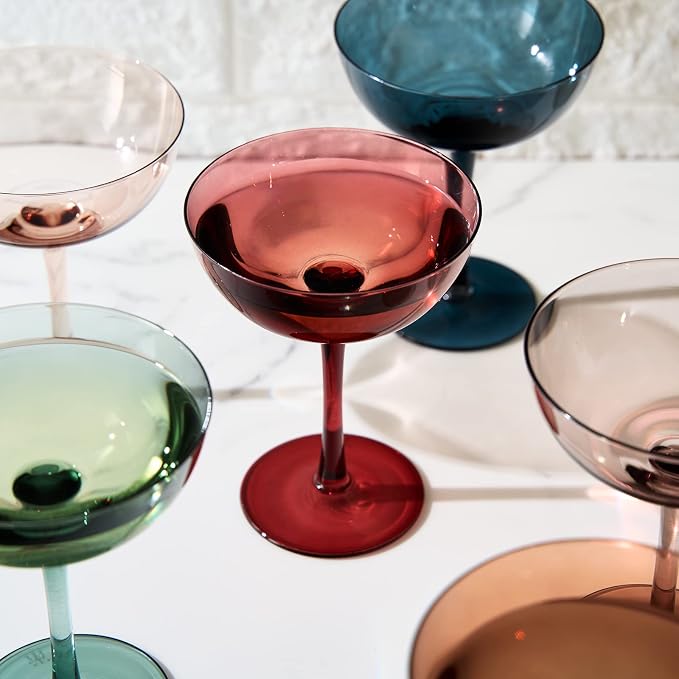 Beautiful Colored Martini, Champagne & Cocktail Luxury Coupe Glasses | Set of 6 | Crystal 6 6oz - Stemmed Goblet Drinking Cups, Color Gift Set - Her, Wife & Mom - Colorful Drinkware - Water, Wine