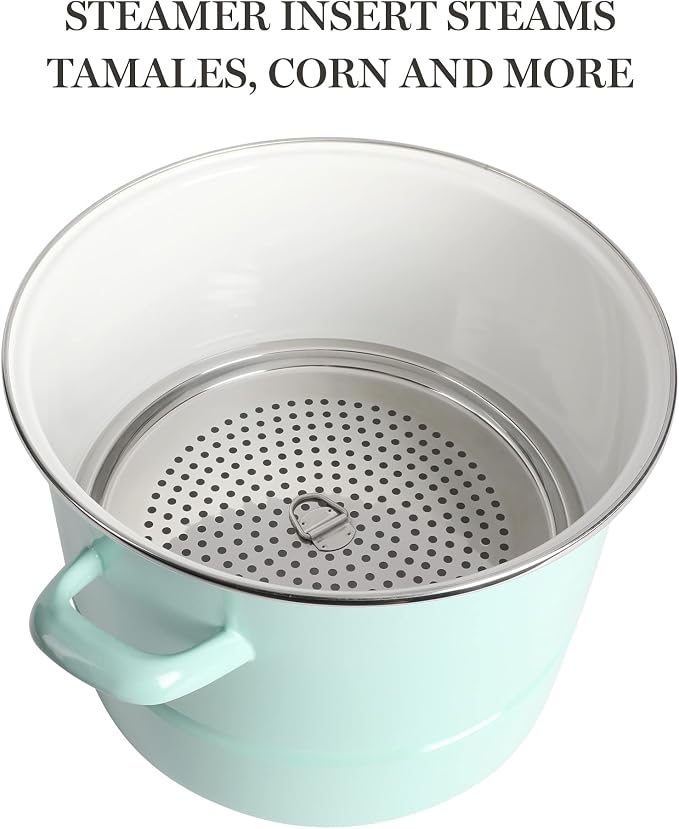 Martha Stewart Thayer 16-Quart Enamel On Steel Scratch Resistant Steamer Stock Pot w/Stainless Steel Insert - Martha Blue