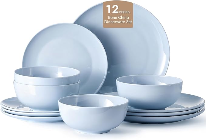12-Piece Bone China Dinnerware Set for 4, Misty Blue | Lightweight Porcelain | Round Plates & Bowls | Scratch Resistant | Durable Ceramic | Microwave & Dishwasher Safe