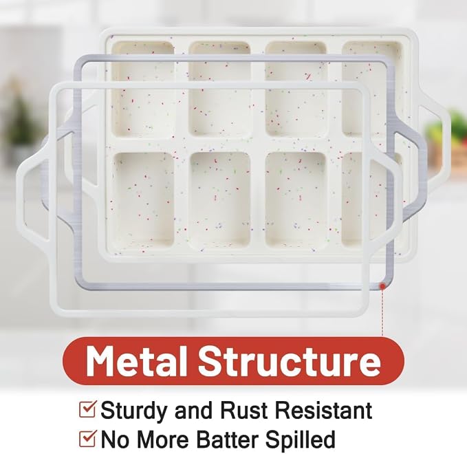 Mini Loaf Pans, Metal Reinforced Frame Silicone Bread Loaf Pans 8 Cavities Nonstick for Baking Cornbread, Mini Bread, Brownie, Cheesecake, Chocolate 2 Pack Confetti