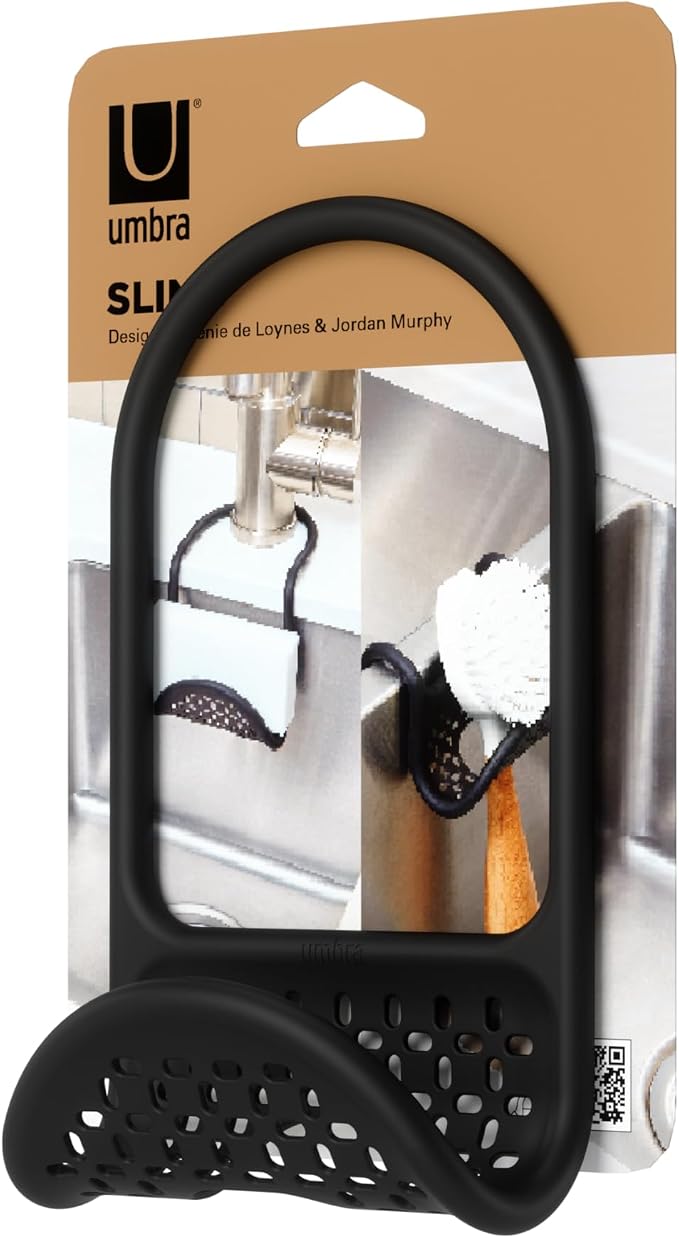 Umbra Sling Flexible Sink Caddy, Elastic Non-Slip Sponge Holder, Black | Rubber material, perforated base for drainage, prevents moisture buildup, fits faucet necks, easy rinse clean