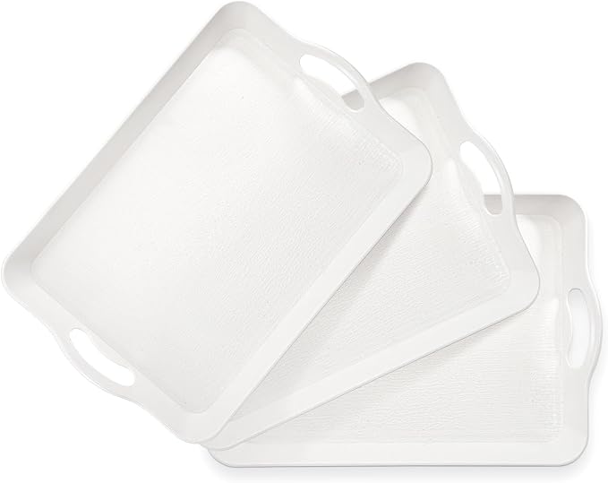 Cedilis 3 Pack Serving Trays with Handles, 16 x 11IN Food Serving Tray, Rectangular Plastic Stackable Tray for Restaurant, Parties, Coffee Table, Kitchen (White)