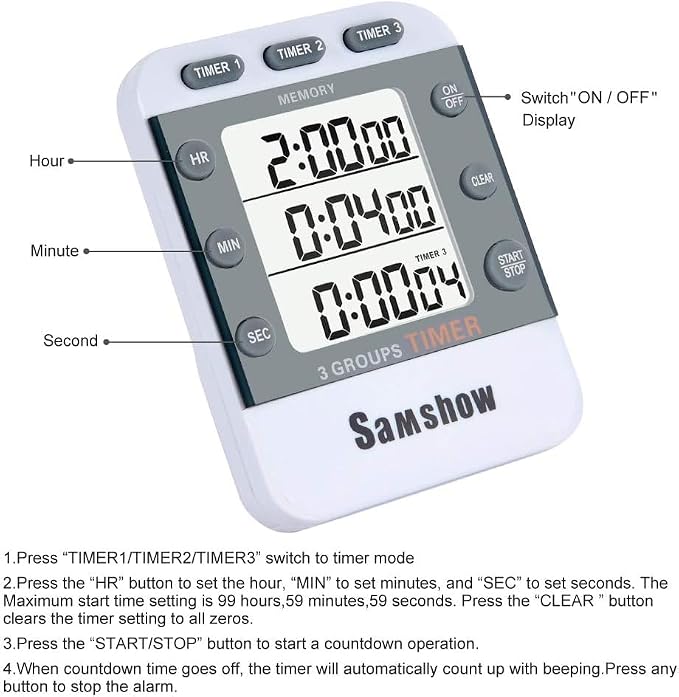 Samshow Digital Kitchen Timer, 3 Channels | Count UP/Down, Large Display, Adjustable Volume Alarm, Magnetic Back, Stand, Battery Included
