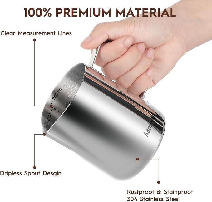 Milk Frothing Pitcher, 8.5oz/12oz/20oz/32oz/50oz/66oz Milk Frother Cup Stainless Steel, Espresso Accessories, Milk Steaming Pitchers Coffee Cappuccino Latte Art Barista Milk Jug Cup with Art Pen,12oz